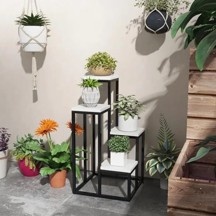 Outsunny Pflanzentreppe Pflanzenständer Stahl, Blumenregal mit 4 Ebenen (Pflanzenregal, 1 St, Blumenständer), für Garten, Balkon, Stahl, Weiß – Bild 6