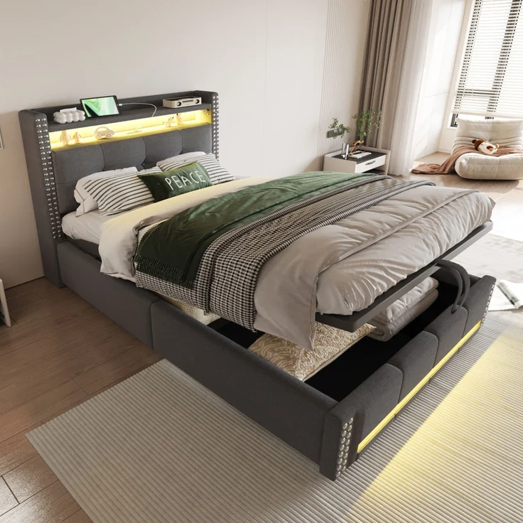 EINHOM Polsterbett Kinderbett 90 x 200 cm mit LED-Beleuchtung und USB-Steckdose, Kopfteil mit Einlegeböden und Stauraum, mit Hydraulik für die Lagerung, Einzelbett, Leinenstoff Grau, (Ohne Matratze) – Bild 3
