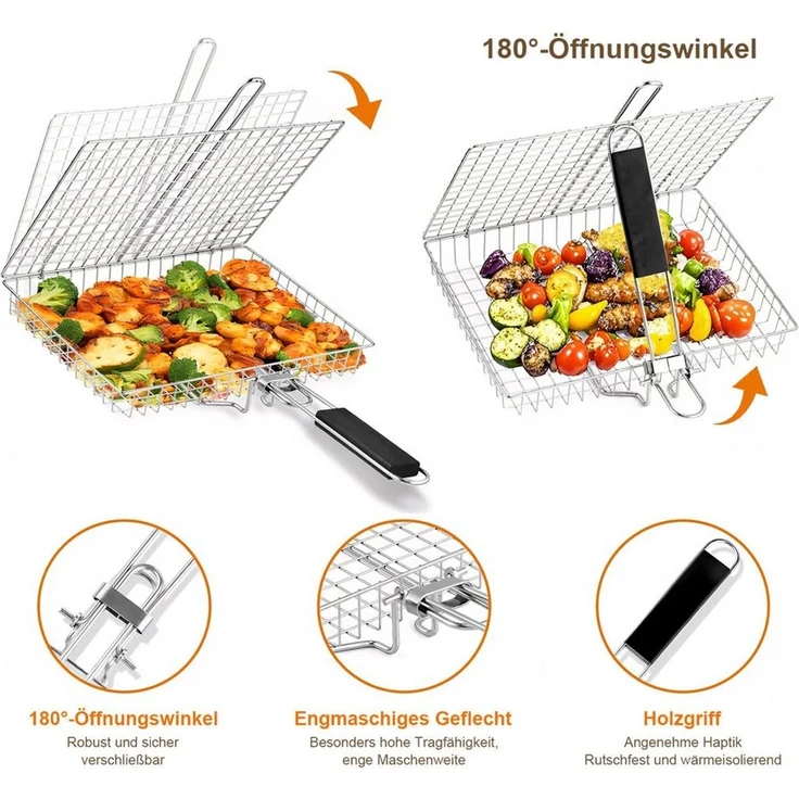 HEYHIPPO Grillrosteinsatz Grillkorb Edelstahl 32×22,5cm, mit 4 Spießen, Bürste, Zange & Tasche, (5-St, Grillkorb Set – mit Zubehör, vielseitig für Fisch, Steak & Gemüse), Faltbarer BBQ-Korb mit Grillzange & abnehmbarem Griff, für Camping – Bild 4