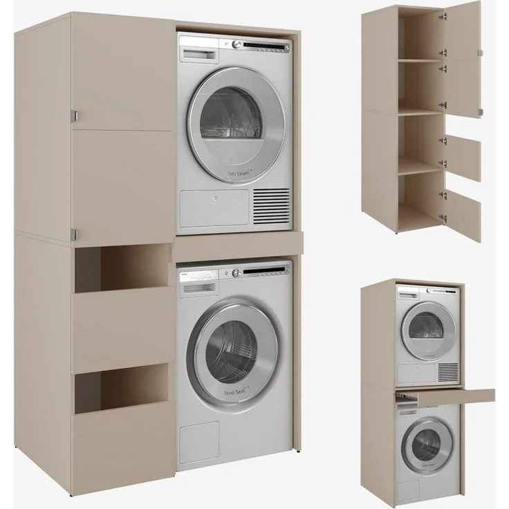 PLATAN ROOM Hochschrank Badschrank Waschmaschine Trockner Schrank Waschmaschinenschrank für Waschmaschine & Wäschetrockner Überbauschrank 187 x 65 x 45/66 cm Badregal (Cappuccino, 111 cm (45+66)) – Bild 1