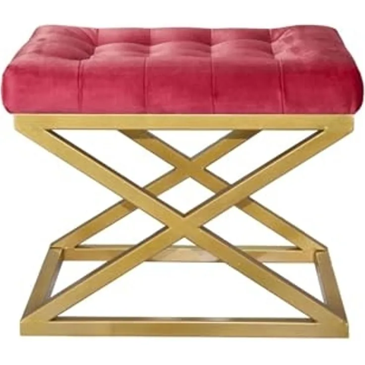 Atelier Del Sofa Stylish Pouffe with Metal Frame, 50 cm x 42 cm x 40 cm | 100% Polyester Babyface Fabric in Gold & Red | Perfect for Modern Living Rooms & Bedrooms