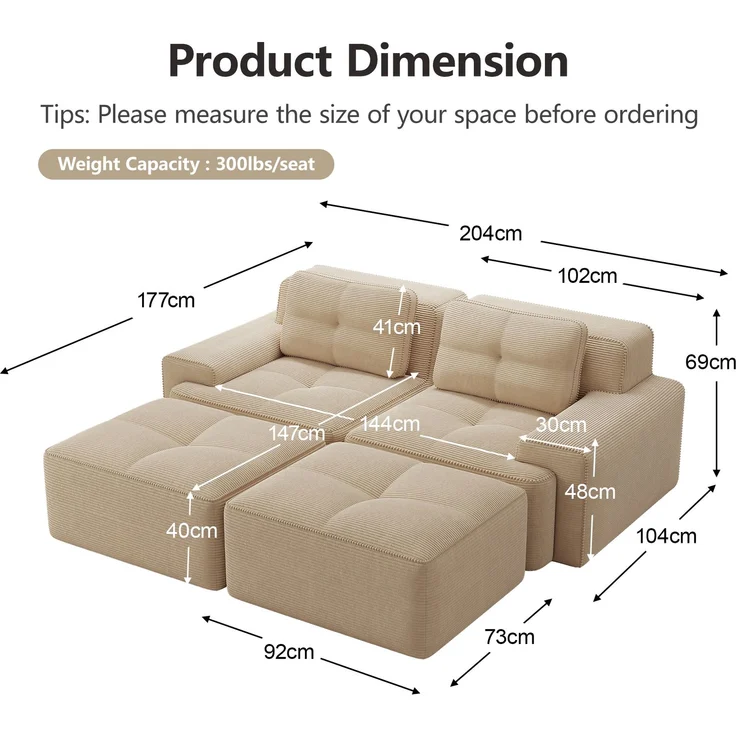 Cloud Modulsofa Boneless U-förmiges Sofa,bequemes Corduroy-Cloud-Sofa Modulares Sofa mit Ottoman Modulares Zweisitzer-Sofa 2-Sitzer Sofa mit Tiefem Sitz für Wohnzimmer Montagefreies Sofa,Corduroy,Beige, – Bild 7