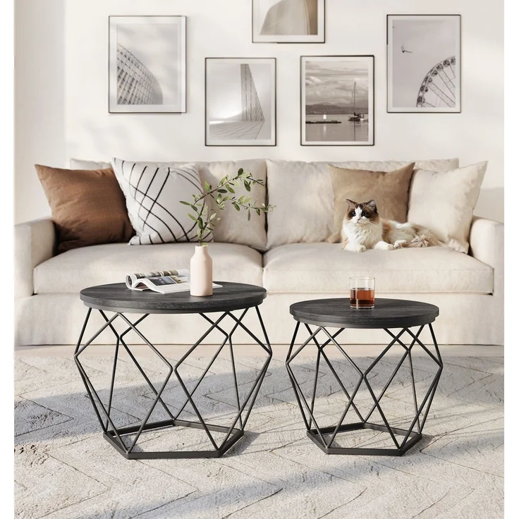 Vasagle Couchtisch 2er Set mit abnehmbarer Tischplatte, Holz/Stahl schwarz, Ø50 und Ø40 cm – Bild 2
