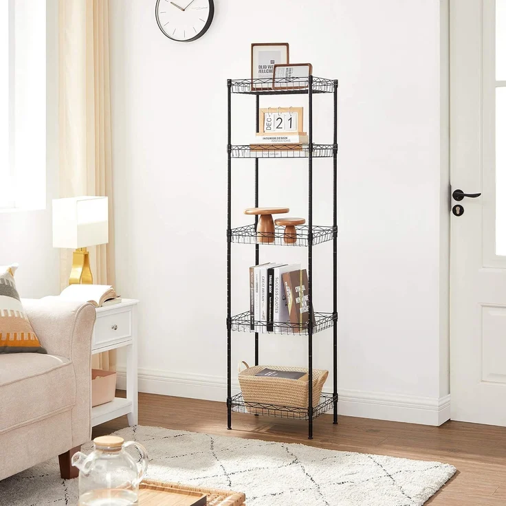 Songmics Küchenregal mit 5 Ebenen, Metallregal, Standregal, höhenverstellbare Gitterablage, mit PP-Kunststoffplatten, 4 S-Haken, für Küche, Wohnzimmer, bis zu 100 kg belastbar, schwarz LGR105B01 – Bild 10