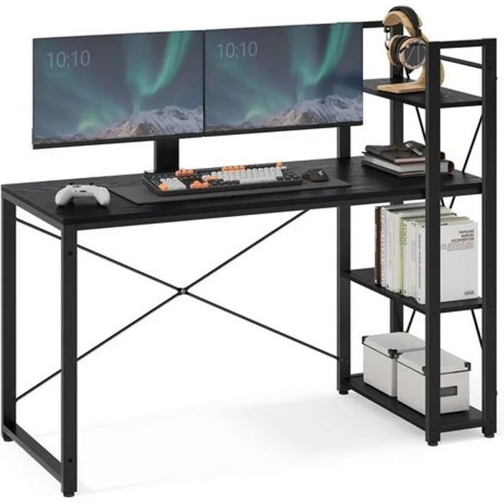 Vasagle Schreibtisch, mit Regalböden rechts oder links, Industrie-Design, Schwarz, 60 x 137,2 x 118,7 cm
