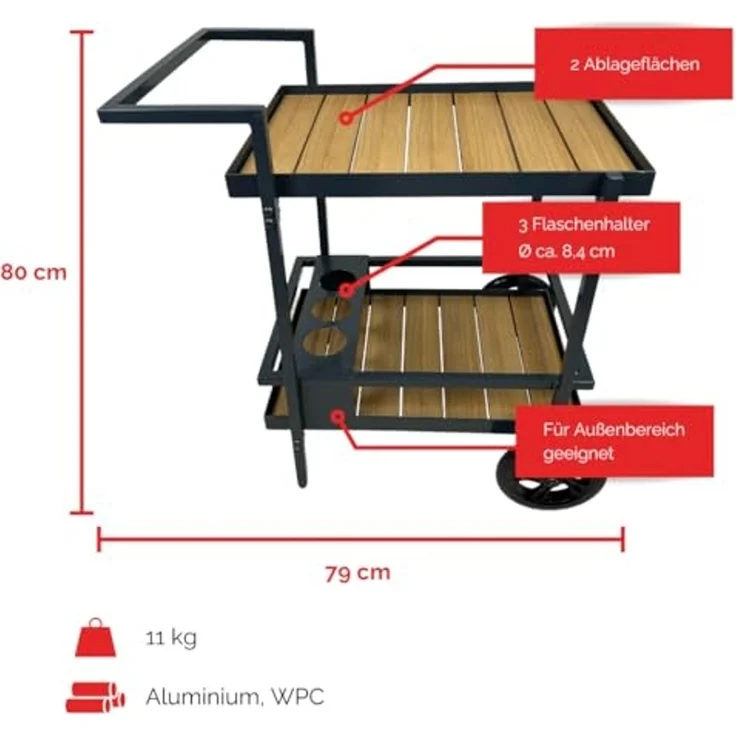 abc HOME Servierwagen Outdoor, zwei Ablageflächen, Flaschenhalterungen – Bild 2