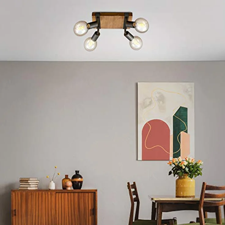 BRILONER - Deckenlampe Vintage schwenkbar, Holzbasis, E27 Fassung, max. 25 Watt, Deckenleuchte, Lampe, Wohnzimmerlampe, Schlafzimmerlampe, Küchenlampe, Deckenstrahler, 28 x 28 x 9 cm, Holz-Schwarz – Bild 5