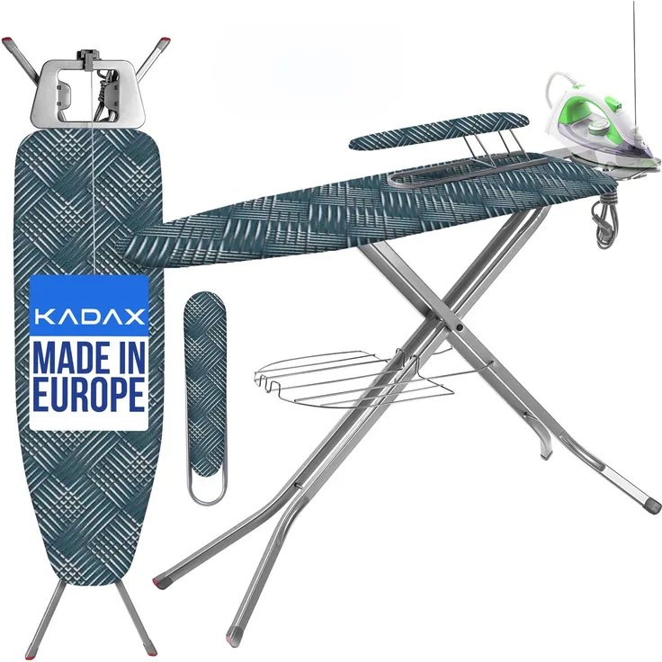 KADAX Bügelbrett 120x38 cm breit, Oberseite mit Steckdose + Handtuch mit Ablage