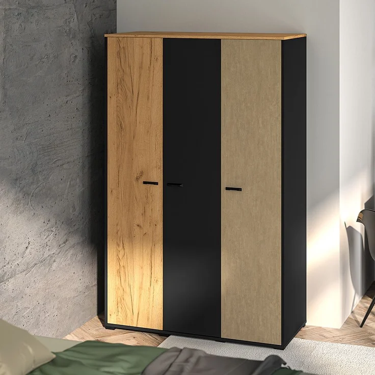 Kleiderschrank 3-türig, schwarz mit Eiche und sandfarben, CASPER-131 – Bild 4