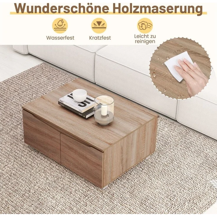 COSTWAY Couchtisch, rechteckig, Holz mit Stauraum, Fächern Wohnzimmertisch 80x60x37cm – Bild 2
