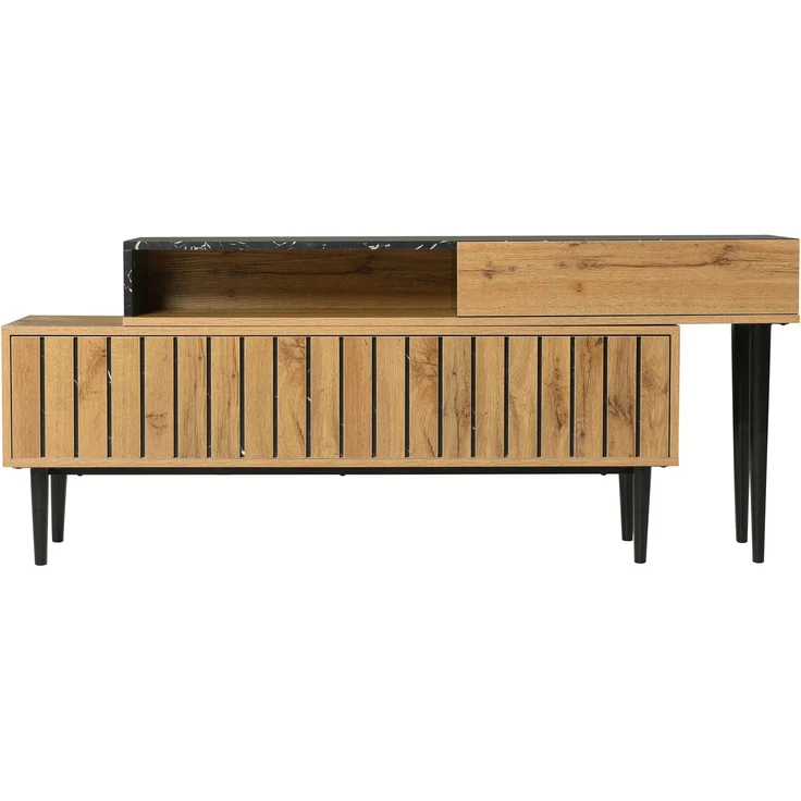 Merax Lowboard mit Tischplatte in Marmoroptik und Metallbeine, TV-Schrank stapelbar, TV-Board Länge verstellbar, Bis 200cm, Natur – Bild 6