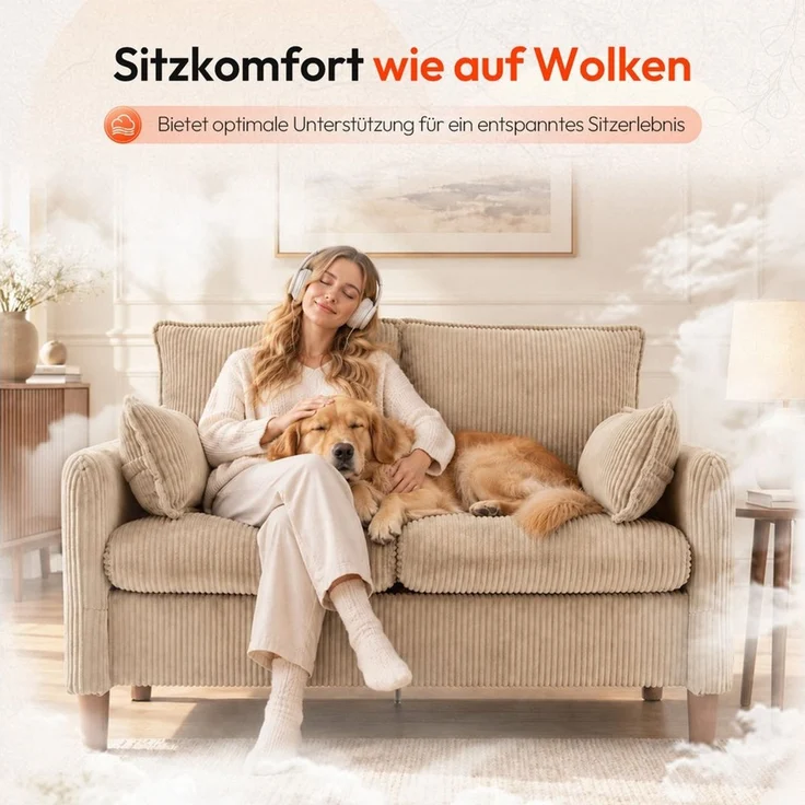 VINGLI Sofa klein 2-Sitzer, 125cm Couch aus Cord, stabiler Konstruktion, vielseitig für Wohnzimmer/Wohnung/Büro – Bild 3