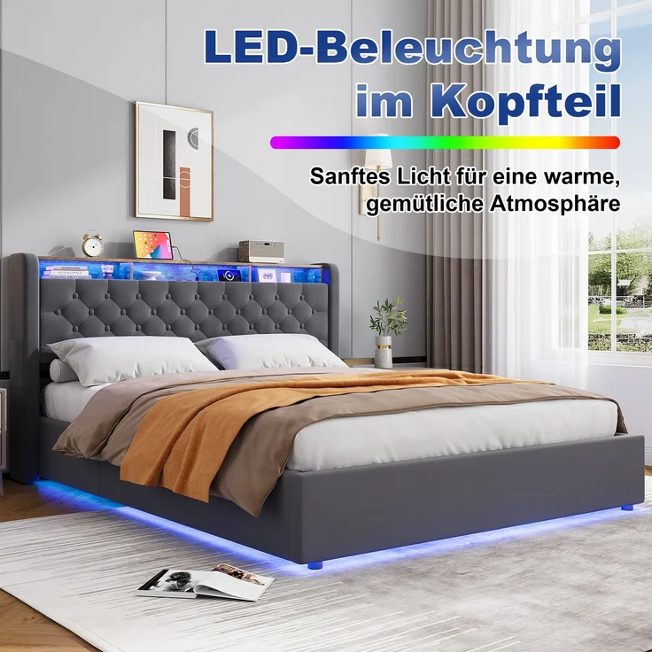 Polsterbett 160x200 cm mit Stauraum-Kopfteil und großem Bettkasten, Dunkelgrau – Ohne Matratze – Bild 7
