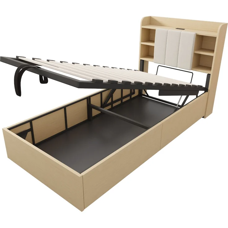 Holzbett 90 x 200 cm, Hydraulisches Bett, Kopfteil mit Stauraum, Ausgestattet mit USB- und Tape-C-Steckdose, Einzelbett, Jugendbett, Holzfarbe (ohne Matratze) – Bild 6