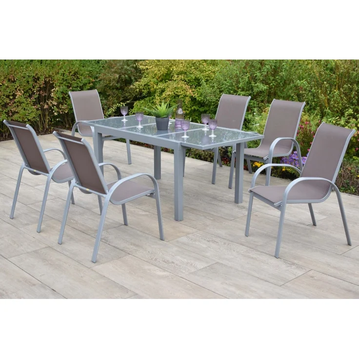 Amalfi Gartenmöbel Set 7tlg, 6 Stapelsessel, Ausziehtisch 160 (220) x 90 cm, Aluminium/Textil – Bild 2