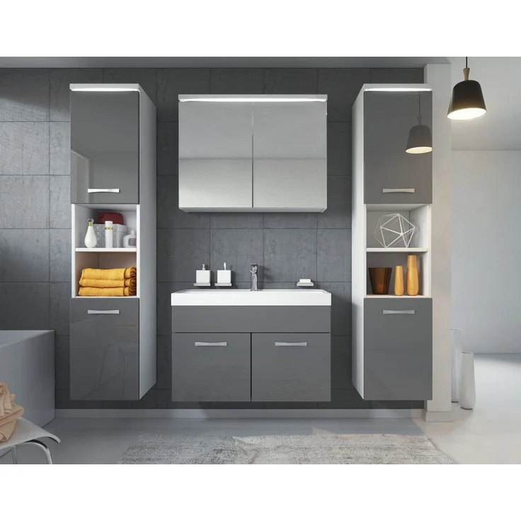 Badplaats Badmöbel Komplettset Paso XL LED 80x40 cm Weiß mit Grau Hochglanz - Badezimmermöbel mit Waschbecken, Spiegelschrank und 2 Badezimmerschränke – Bild 2