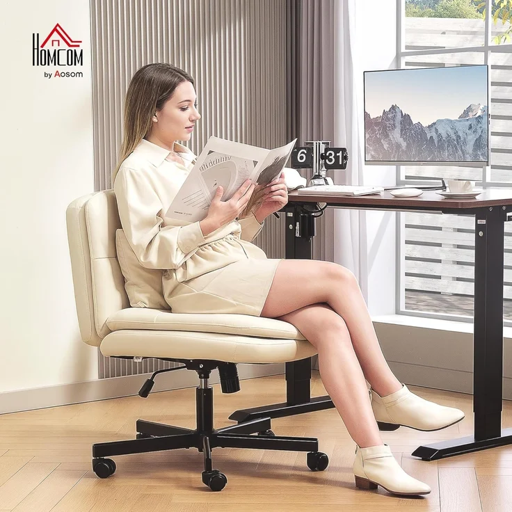 HOMCOM Bürostuhl ohne Armlehnen, mit breit doppelschichtig Polster, Kissen (gepolsterter Schreibtischstuhl, 1 St), Kunstleder Schneidersitz Stuhl für Büro, Beige – Bild 2