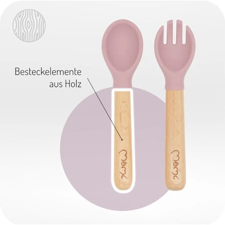 MoMi Kindergeschirr mit Essbesteck AMI, 6-teiliges Set: Lätzchen, Löffel, Gabel, Teller, Schüssel 360 ml, Becher 180 ml, aus Silikon, spülmaschinenfest und mikrowellengeeignet – Bild 4