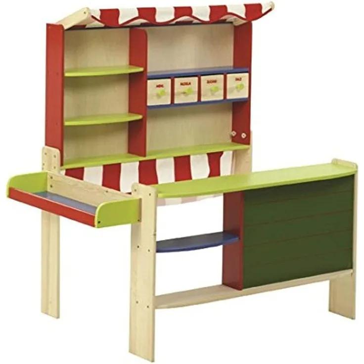 roba Kaufladen 'Marktstand', Kinder Kaufmannsladen, Holz bunt, Verkaufsstand mit Tafel, Theke, Seitentheke & Markise