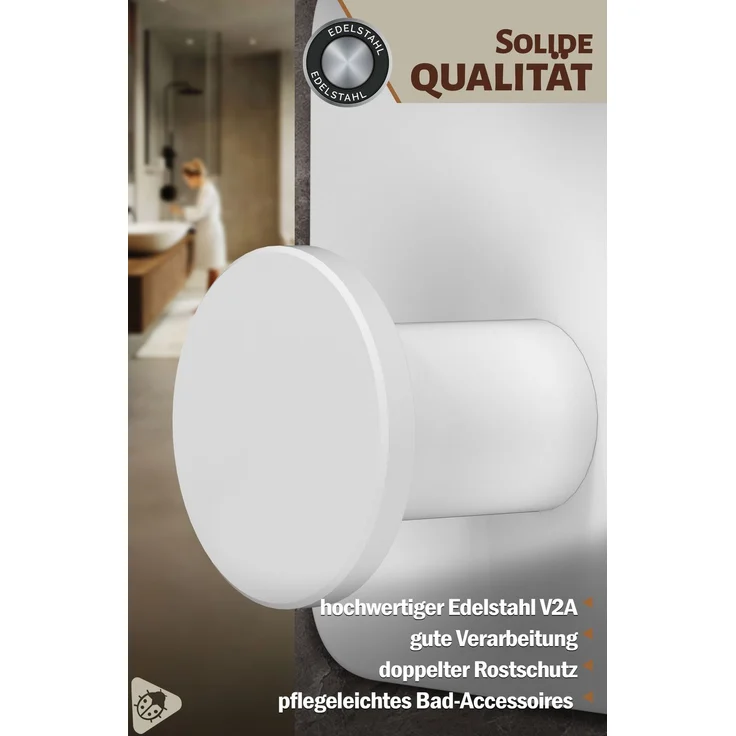 Lindenstein Wandhaken 6er-Set Weiß – Edelstahl V2A, 3M-Pads, ohne Bohren – Bild 5