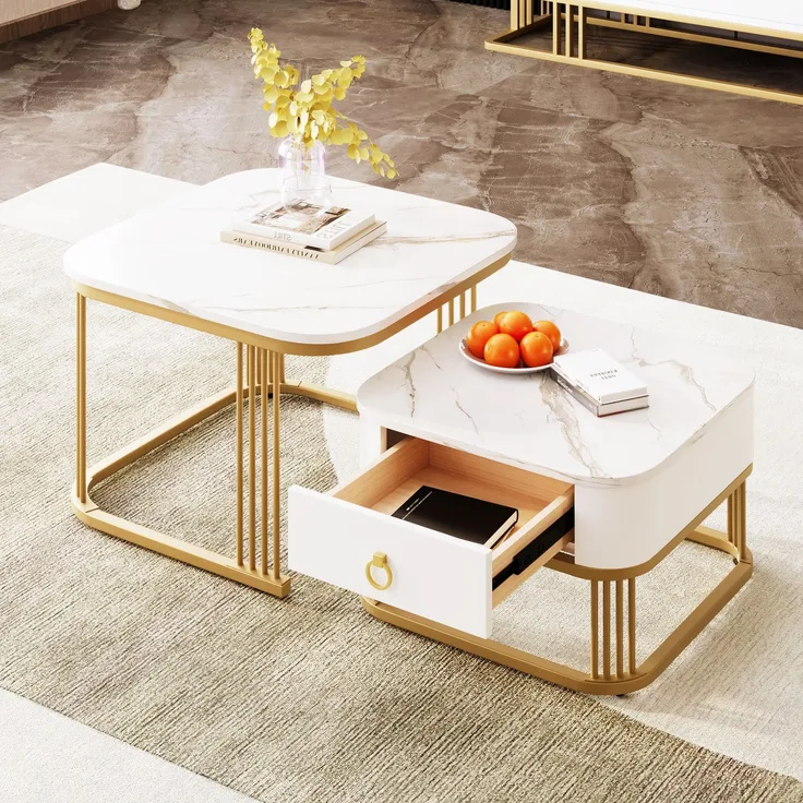 Couchtisch set 60×60+50×50 cm Hochglanz Marmoroptik Weiß und Gold, Kaffeetisch mit Schublade