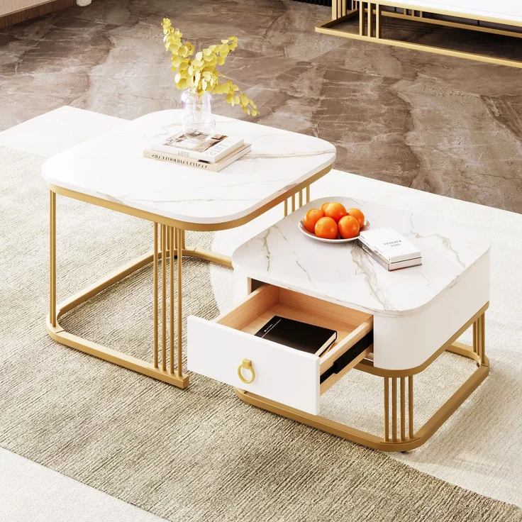 Couchtisch set 60×60+50×50 cm Hochglanz Marmoroptik Weiß und Gold, Kaffeetisch mit Schublade – Bild 1