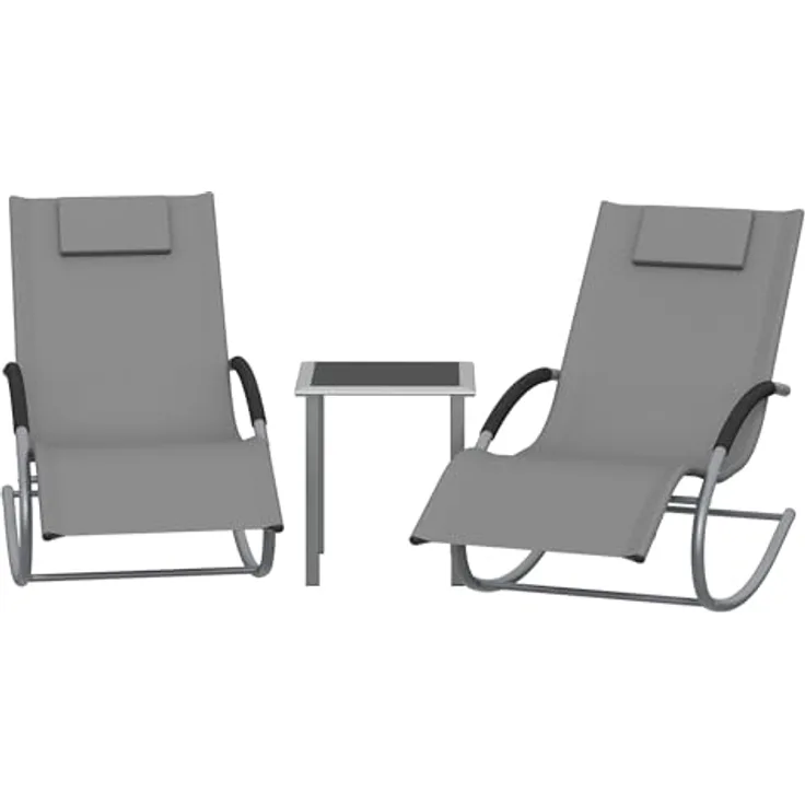 GarveeHome 3-Teiliges Outdoor-Lounge-Set Mit 2 Liegen Und 1 Couchtisch, Textilene-Schaukelstuhl Mit Gebogenem Metallrahmen, Liegestuhl Mit Kissen, Für Poolbereich, Terrasse Und Garten