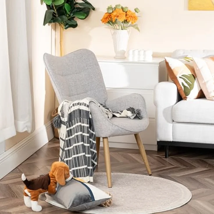 MEUBLE COSY Sessel Relaxsessel Lehnstühle Polstersessel Einzelsofa mit Holzbein Ohrensessel für Wohnzimmer Schlafzimmer Büro Vanity, Stoff, Beige – Bild 5