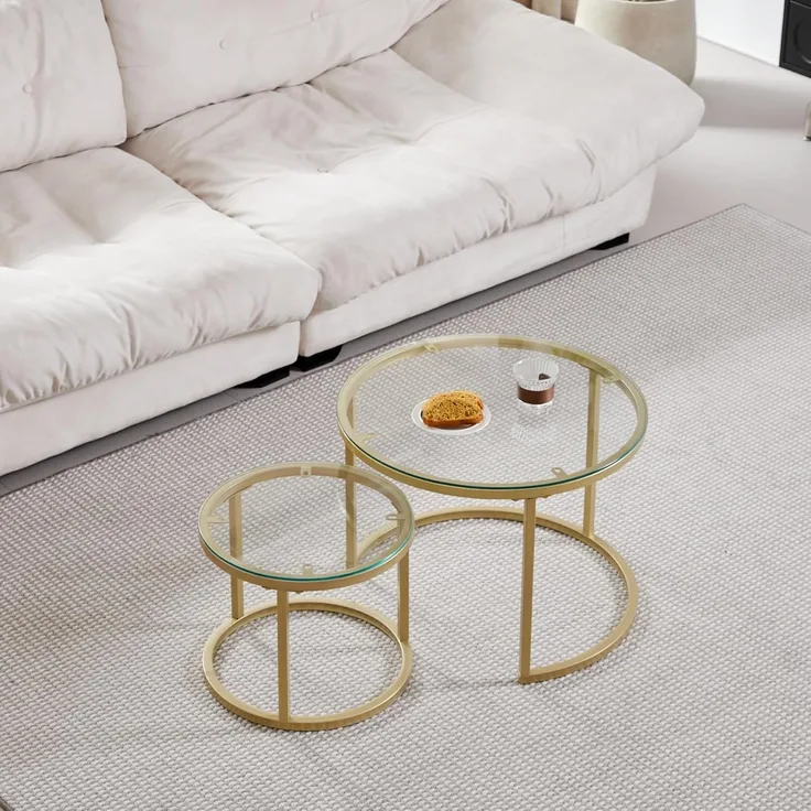 GrandCA HOME Couchtisch 2er Set,Stapelbarer Couchtisch, Couchtische Rund, Gehärtete Glasplatte, Vergoldete Metallbeine，Geeignet für Wohnzimmer, Esszimmer, Café（Ø60x45H cm，Ø40x35H cm）