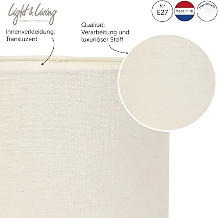 Light & Living Lampenschirm LIVIGNO, Ø 30 cm, Cremeweiß, Außenmaterial Stoff, Innenmaterial PVC, Halterung aus Metall – Bild 4