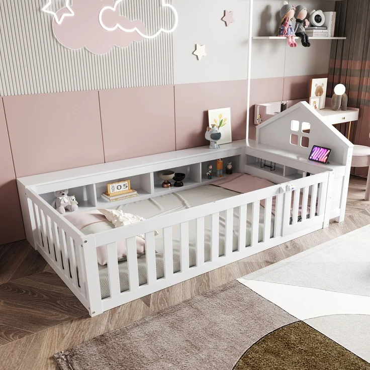Kinder Hausbett aus Massivholz mit Stauraum, Sicherheitsgeländer & kleiner Tür,mit Dachdesign, Fensteroptik & Regalfächern,Weiß – Bild 1