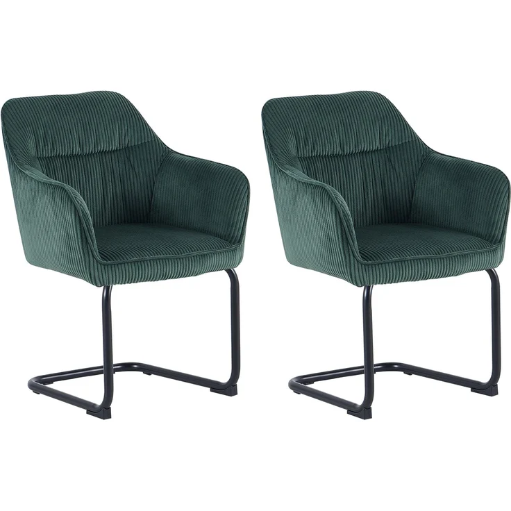 byLIVING ELBA Schwingstuhl 2er Set, drehbar 180° mit Rückholfunktion, Grob-Cord dunkelgrün, Metallgestell schwarz, Armlehnen