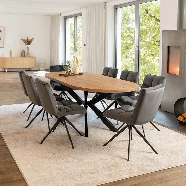 HOME DELUXE Essgruppe Oval Ausziehbar inkl. Sternfuß - 160 x 100 cm Light Oak 8 Stühle Hellgrau – Bild 1
