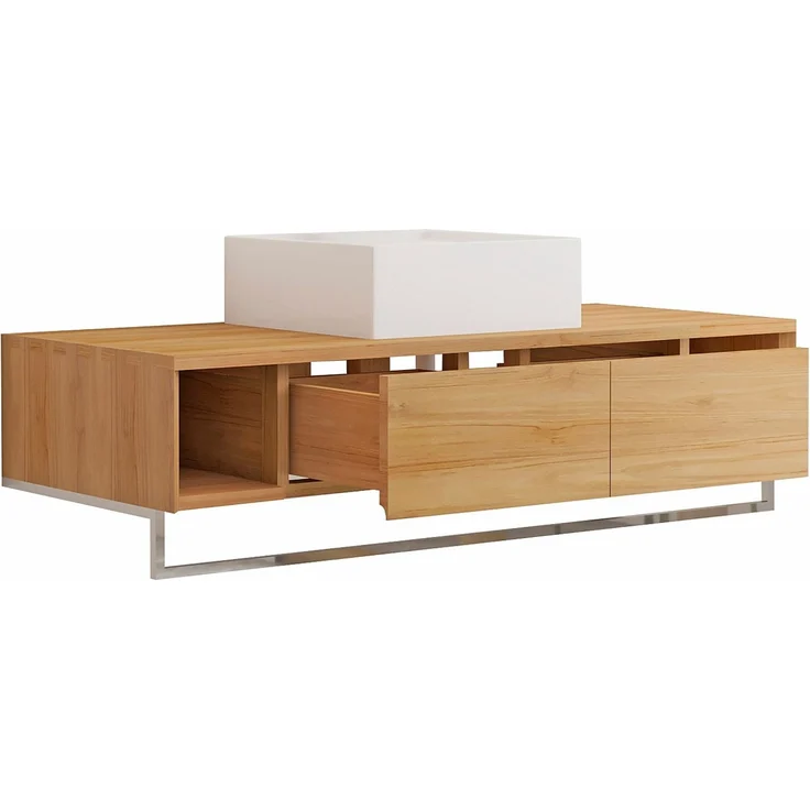 Vente-unique - Hängender Waschbeckenunterschrank aus Teakholz mit Handtuchhalter und quadratischem Aufsatzwaschbecken aus Keramik – 120 cm – KUPANG – Bild 5