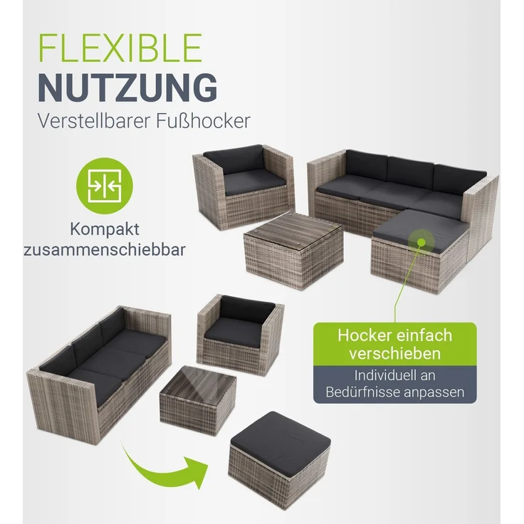 Juskys Polyrattan Lounge Punta Cana L grau-meliert inkl. Abdeckung – Gartenlounge für 4-5 Personen – Sitzgruppe mit Sessel, Sofa, Tisch & Hocker - Sitzbezüge Grau – Bild 6