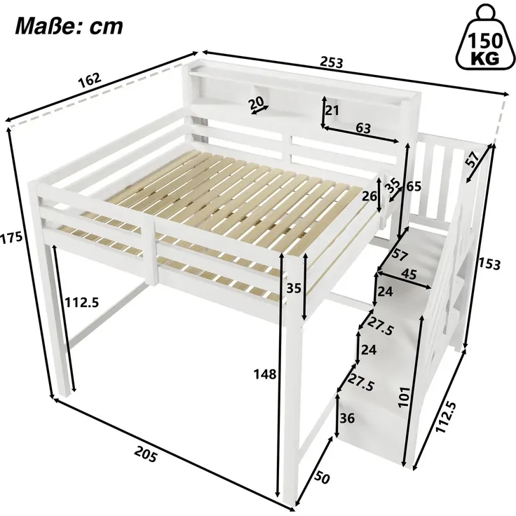 Hochbett mit RGB LED-Streifen, Stauraum, Lattenrost, Rausfallschutz und Regal, Treppe mit Regal, 140x200 cm, Kinderbett, Kiefer – Bild 7