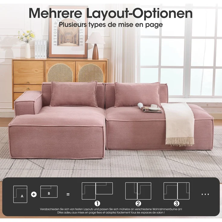 LVHOM Ecksofa 2 Sitzer, Modulares Sofa 235 cm breit, L-Form Sofa mit 2 Kissen, Schlafsofa aus Cordstoff, kein Aufbau erforderlich, Rosa – Bild 3