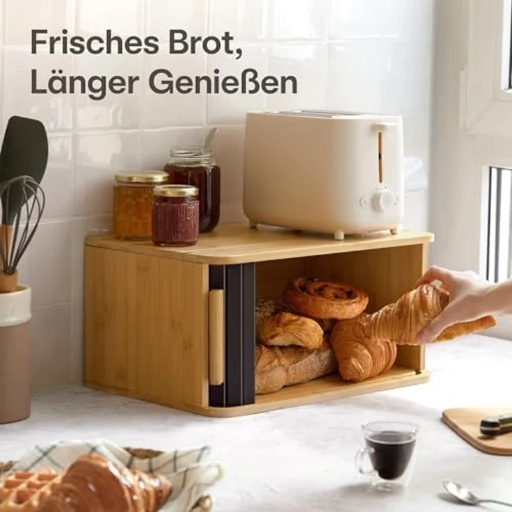 Praknu Brotkasten Brotkasten Groß aus FSC® Holz mit Schiebetür - Brotaufbewahrung, Bambus, FSC® Holz - Platzsparend und stilvolle Brotbox für längere Frische – Bild 3