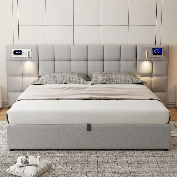 Polsterbett 180x200 cm aus Linen mit Stauraum, Hydraulik und USB-Anschluss – Bild 3