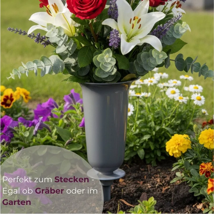 matches21 HOME & HOBBY Dekovase Grabvasen mit Erdspieß und Sockel 2er Set (31, 32 cm) grau (2 St), Wetterfeste Grabschmuck Friedhofsvasen zum Stecken, Hinstellen – Bild 4