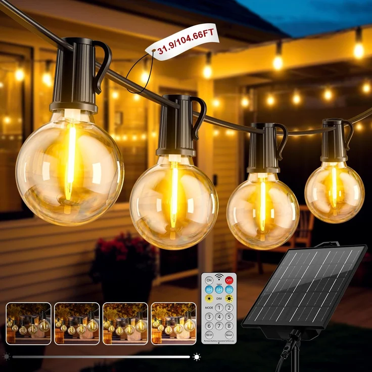 Solar Lichterkette Aussen, 31.9M/104.66FT LED Solarlichterkette Außen Wetterfest 8 Modi, 45+2 G40 Lichterketten, 5400 mAH Akku IP44 Wasserdicht Solar Lichterkette Outdoor für Balkon Garten Camping