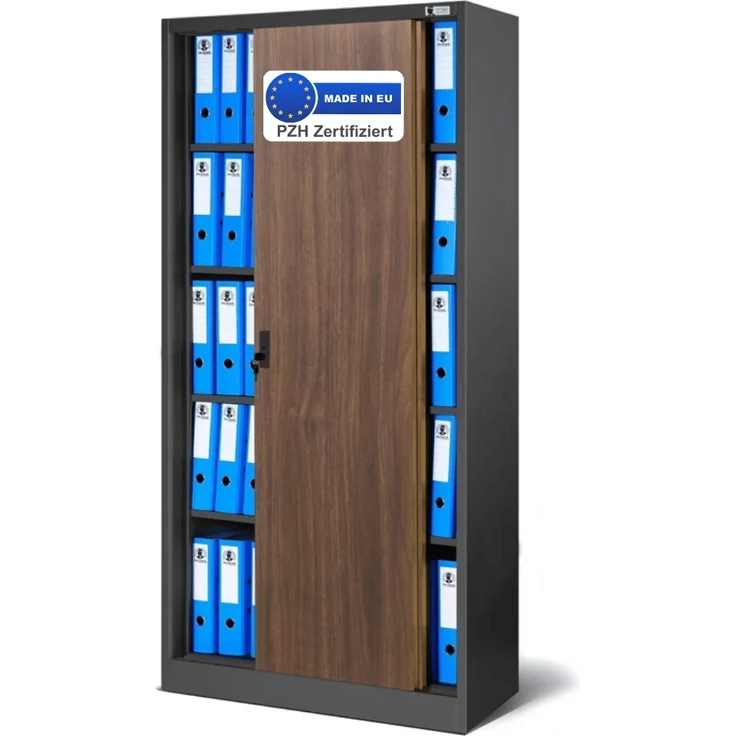 Aktenschrank abschließbar ROLF - Schiebetüren, 5 Ebenen | Büroschrank aus Stahl Metallschrank Werkstatt Mehrzweckschrank Werkzeugschrank, 185x90x40cm Anthrazit-Nussbaum – Bild 1