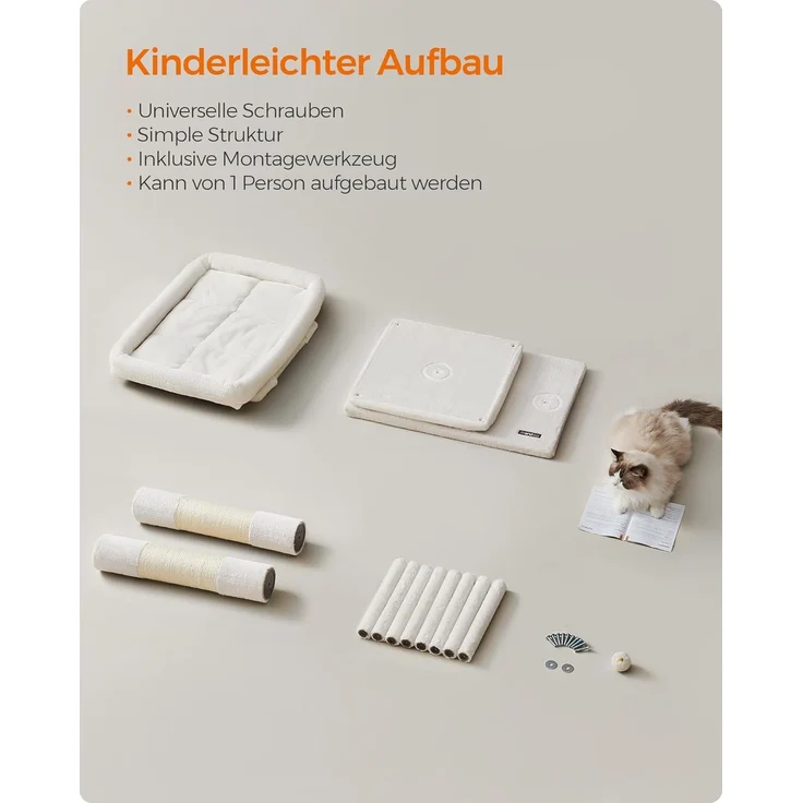 Feandrea Kratzbaum, 101 cm Katzenbaum, XL, Katzenhaus für extra große Katzen bis zu 20 kg, große Plattform, 2 Katzenhöhlen, Sisalstämme, cremeweiß PCT614T01 – Bild 7
