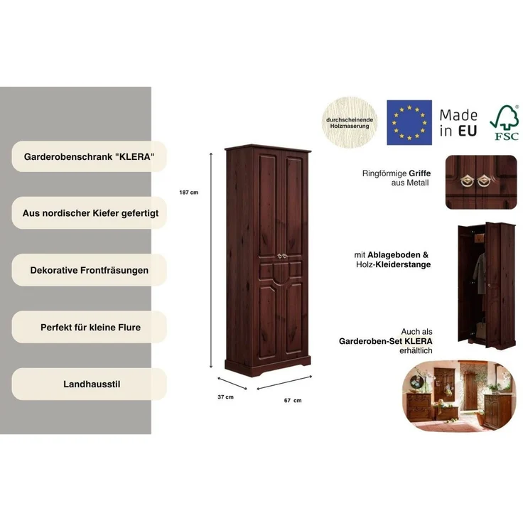 Home affaire Garderobenschrank Klera Breite 67 cm, aus massiver Kiefer, FSC®-zertifiziert – Bild 3