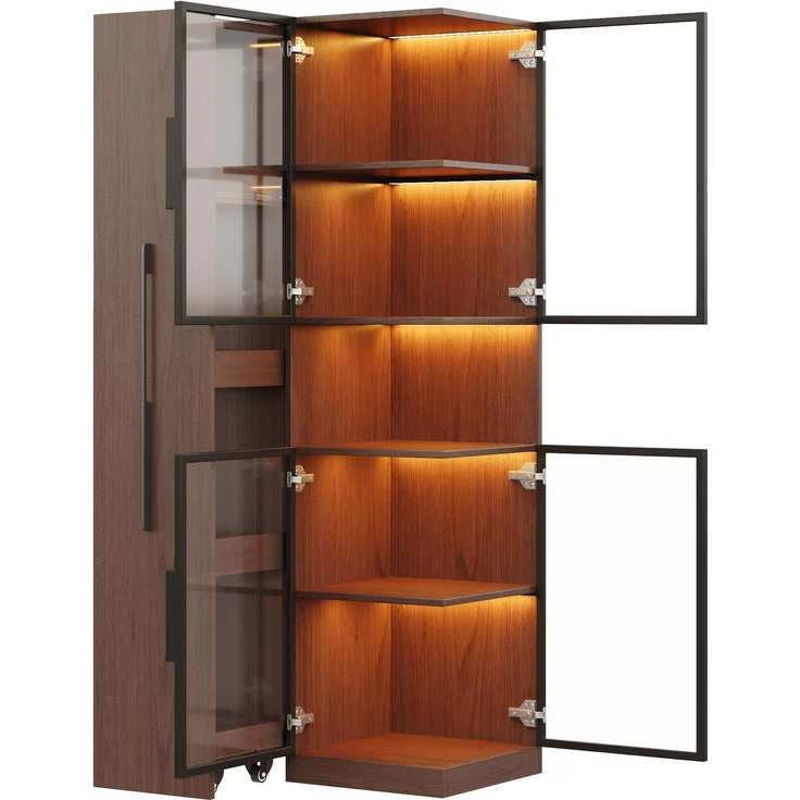 ZUBALIYA Vitrinenschrank 70×38×160 cm mit Ausziehregal – Doppelglas-Standvitrine LED, MDF-Schrank Walnuss, Glasvitrine & Aufbewahrung, multifunktionaler Hochschrank für Wohnzimmer, Esszimmer, Küche – Bild 9