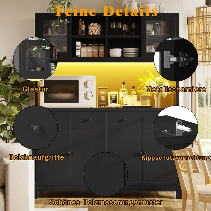 Hochbuffetschrank 140*38.5*180cm mit App-gesteuerter RGB-LED, Glastüren & 4 Schubladen, verstellbare Einlegeböden, belastbar bis 100kg, Schwarz – Bild 5