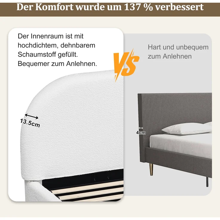 Polsterbett,Doppelbett,180 x 200cm, Bett mit Lattenrost, gepolstertes Kopfteil, Beige Bouclé – Bild 5