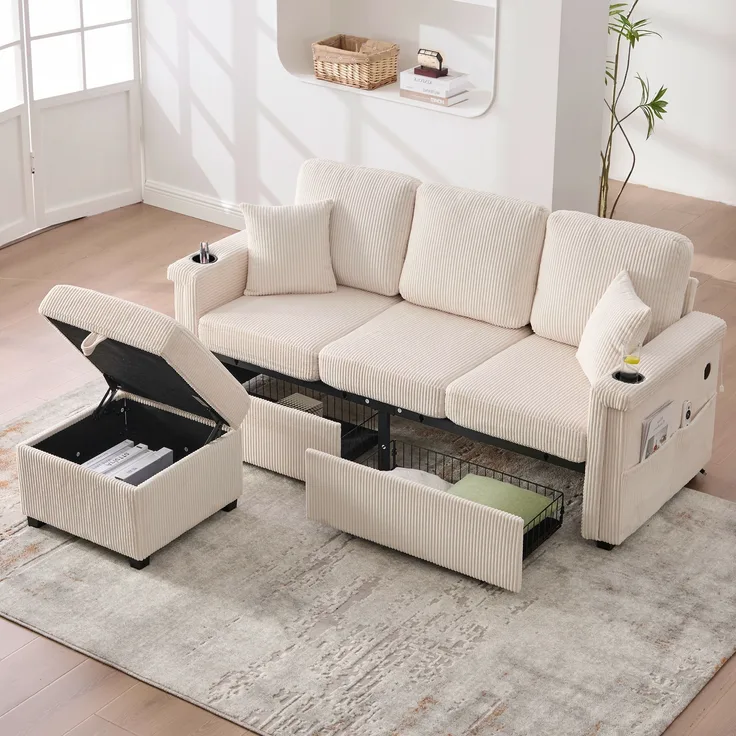 Sofa, Hochwertiges Samtsofa mit LED-Beleuchtung USB-C-Port inklusive Stauraum-Fußteil praktischen Getränkehaltern und Seitentaschen Premium Qualität für Wohnzimmer Schlafzimmer oder Büro, Samt, Beige,