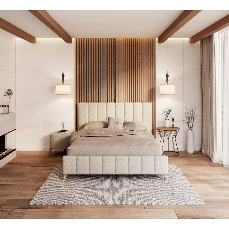 FDM Polsterbett Bettgestell Bettrahmen 120x200, 140x200, 160x200, 180x200 (MADE IN EU - mit hochwertigem Bouclé Bezug, Bettrahmen, Bett, Optional mit Matratze bestellbar, mit großen gepolsterten Kopfteil aus hochwertigen Bouclé Stoff), Holzrahmen mit L...