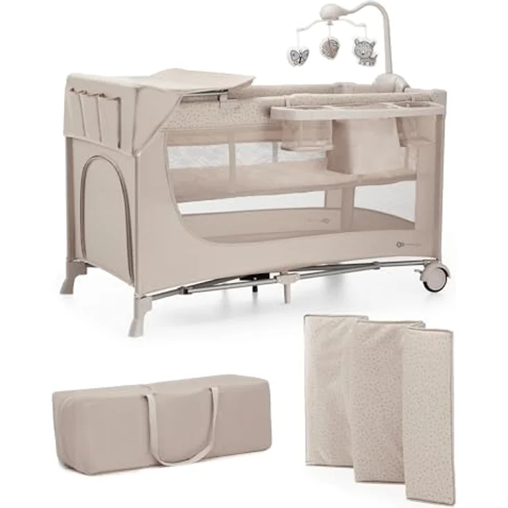 Kinderkraft Joy 2 Acc Kinderbett, 3 in 1 Kinderreisebett, Babybetten, Kinderbett, Reisebett, Modernes Design, Kleine Abmessungen nach Zusammenklappe, Praktisches Zubehör, Räder, Beige – Bild 2